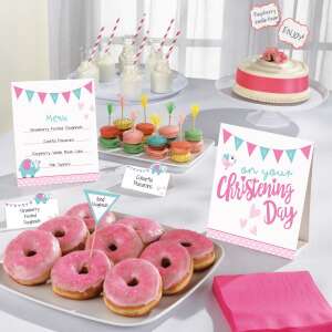 Christening table decorations set of 12, pink and blue theme with elephant and bird designs, includes table signs, menu, and name cards - Party Decoration