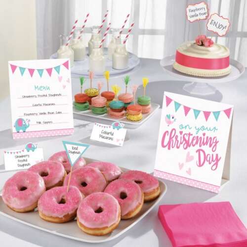 Christening table decorations set of 12, pink and blue theme with elephant and bird designs, includes table signs, menu, and name cards