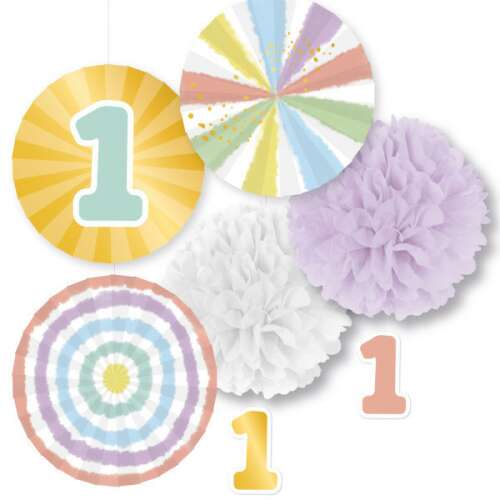 Rainbow 1st birthday party decorations, 5 piece set, includes paper fans and pom poms