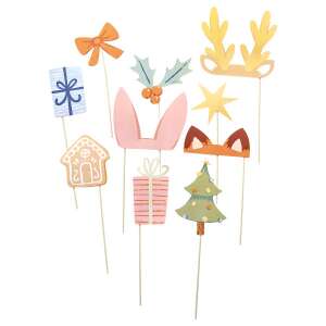 Winter Woodland photo booth props, 10 piece set, includes reindeer antlers, bunny ears, fox ears, gingerbread house, Christmas tree, gift box, star, bow, holly - Party Decoration