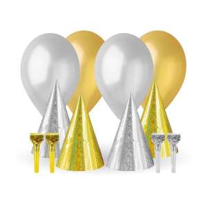Gold and silver party set with balloons, hats and party blowers - Party Decoration