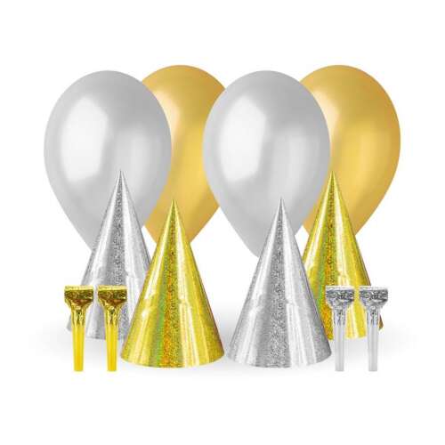 Gold and silver party set with balloons, hats and party blowers