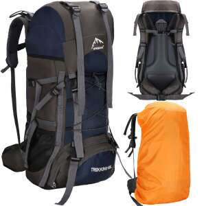 Springos Trekking 90L Backpack, grey and blue, with rain cover - Sport & Leisure