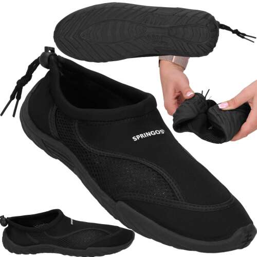 Buty wodne Springos dla mężczyzn, czarne, rozmiar 45, widoczna podeszwa, bok i wnętrze buta