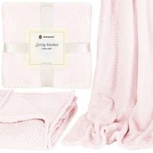 Springos pink blanket collage with packaging and draped view - Springos