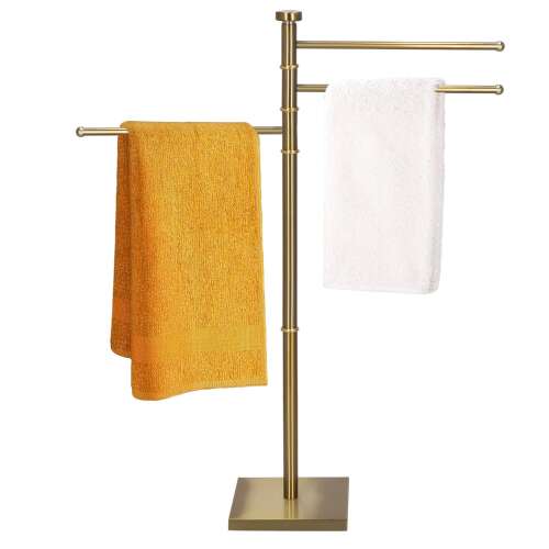Springos gold metal towel rack with 3 rotating arms, holding towels