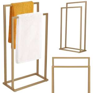 Springos gold metal towel rack with two bars, showing towels on the rack - Towel rack
