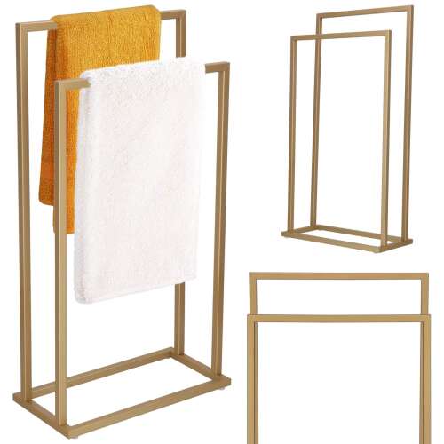 Springos gold metal towel rack with two bars, showing towels on the rack