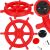 Collage of Springos Red Plastic Playground Steering Wheel with Mounting Hardware and Close-up
