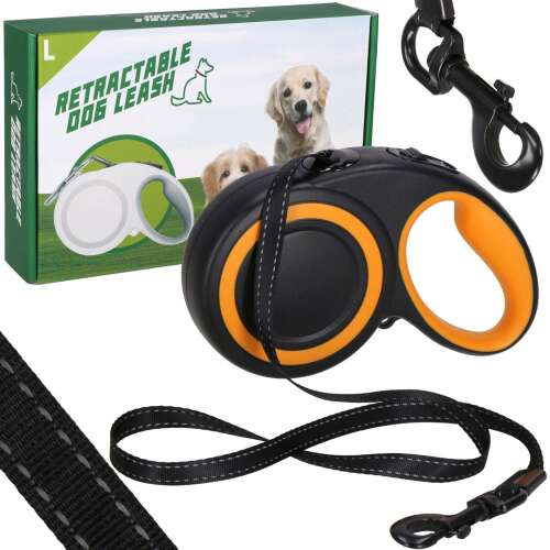 Retractable dog leash, black and orange, 5 meter long, for dogs up to 50 kg, Springos brand