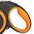 Close up of the handle of a black and orange retractable dog leash, Springos brand