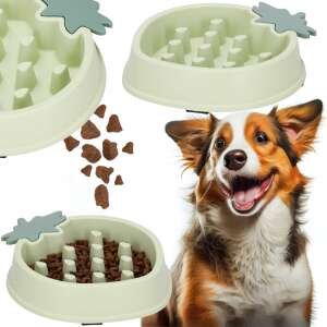 Springos slow feeder bowl for dogs, strawberry shaped, green, with dog, collage - Slow feeder pet bowl