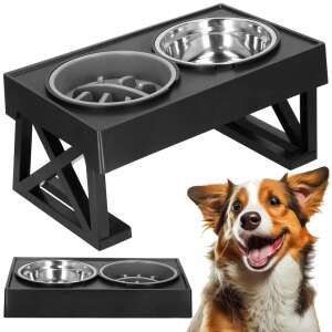 Springos® elevated double dog bowl with slow feeder bowl and stainless steel bowl, black - Slow feeder pet bowl