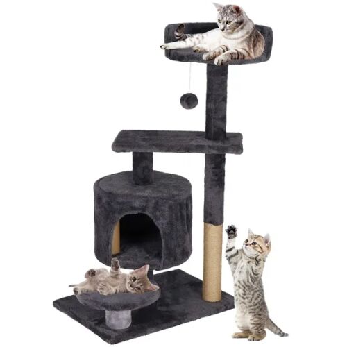 Cats playing on Springos multi-level cat tree with scratching post and condo