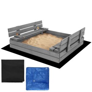 Springos szürke fa homokozó 120x120 cm padokkal, takaróval és talajtakaróval - Springos