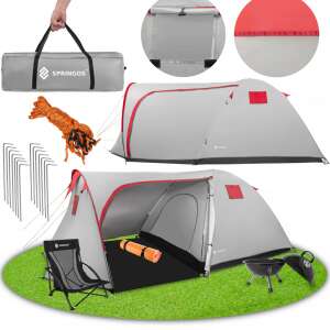 Cort de camping Springos® cu baldachin, gri și roșu, capacitate de 4 persoane, cu geantă de transport, stâlpi, frânghii și accesorii - Camping & Drumeții
