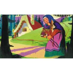 Ilustrație din povestea "Öreg néne őzikéje" de Anna Fazekas, care prezintă femeia bătrână mergând cu căprioara prin pădure - Diapozitive, carti audio, CD, DVD