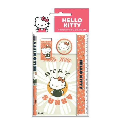 Hello Kitty Stay Sunny Schreibwarensatz, 5-teiliges Set mit Bleistift, Radiergummi, Lineal, Spitzer und Notizblock