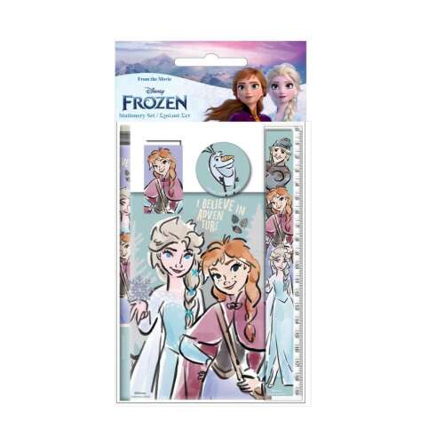 Disney Jégvarázs írószer szett, Elsa és Anna szerepel rajta, tartalmaz vonalzót, ceruzát, noteszt, radírt és faragót