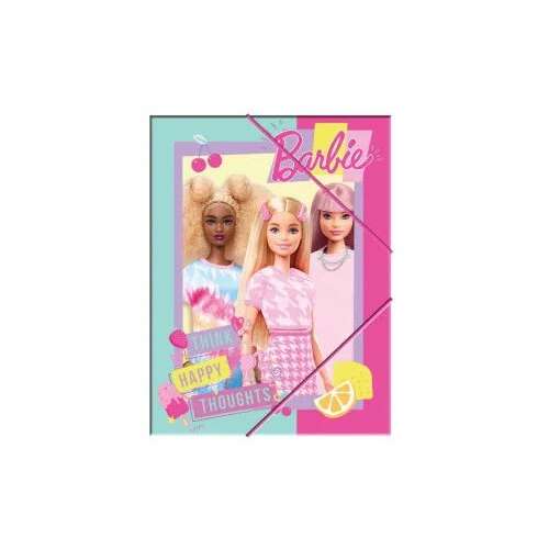 Barbie A4 folder with a pink and blue design featuring three Barbie dolls and the text 'Think Happy Thoughts'