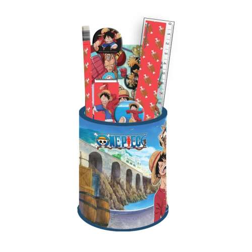 One Piece írószer szett 7 darabos, vonalzóval, ceruzával, noteszlappal, radírral, faragóval, ceruzatartóval és csipeszel, kék-piros színben, One Piece karakterrel a tartón