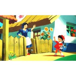 Ilustrație din diafilmul Scufița Roșie, care o arată pe Scufița Roșie părăsind casa - Diapozitive, carti audio, CD, DVD