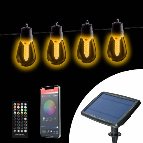 Okos szolár fényfüzér 25 fehér LED-del, állítható színhőmérséklettel, 13,6 m hosszúsággal, Bluetooth vezérléssel, távirányítóval és szolár panellel.
