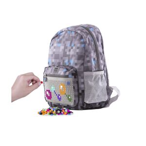 Pixie grey pixel backpack with customizable pixel art panel and colorful pixel pieces - School Bag