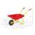 Rolly Toys red plastic toy wheelbarrow with yellow metal frame and black wheel, showing dimensions