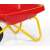 Close-up of the yellow metal frame of a red Rolly Toys plastic toy wheelbarrow