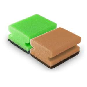 Two BONUS ECO sponges, one green and one brown, with a scrubbing side and a soft side, for dishes, cleaning, and scrubbing - Dish sponge