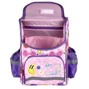 Keyroad smiley girls school backpack with pink and purple design, open view showing interior compartments - Keyroad