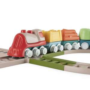 Train set with tracks, red engine, yellow, orange, and green cargo cars, ECO+ recycled wood and plastic, 18 pieces - Train, rail element, motorway