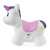 Chicco Bouncing Unicorn, side view of the inflatable ride-on toy, white unicorn with pink saddle, purple horn and mane