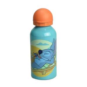 Disney Lilo & Stitch aluminiowa butelka na wodę, niebieska, 400 ml, z Stitch odpoczywającym na leżaku - Nośnik żywności i napojów