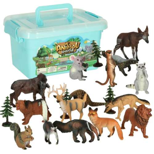 Ikonka Zoo Animal Figures Set with Storage Box, 19 pieces