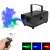 LED-500 smoke machine with remote control, showing smoke effect and color options