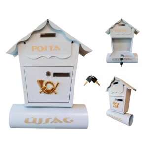 White metal mailbox with newspaper holder,  with gold accents,  for home delivery - Mailbox
