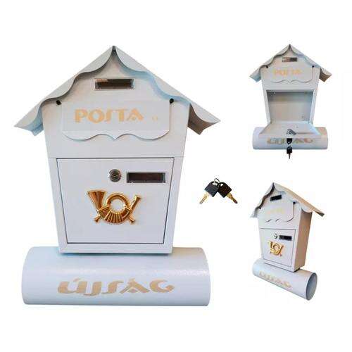 White metal mailbox with newspaper holder,  with gold accents,  for home delivery