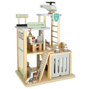 Wooden police station playset with helicopter, police car, and figures - Motorway & Parking Garage