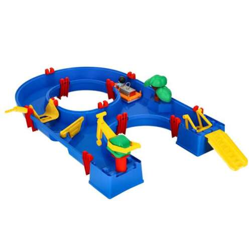 Water park building blocks toy set, 39 pieces, blue, red, yellow, green, includes a boat, crane, and a figure