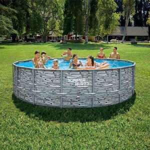 Summer Waves 488 cm átmérőjű fémvázas medence kőmintás külsővel, kék mozaik béléssel, homokszűrővel, szivattyúval, létrával és aljtakaróval - Summer Waves