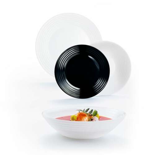 Luminarc Harena 18 részes étkészlet, fehér és fekete tányérokkal és tálakkal