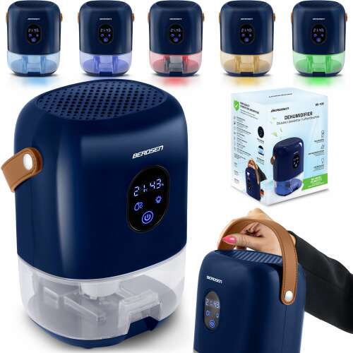 Berdsen BR-10B Dehumidifier, blue, with multiple color LED lights, showing the product from different angles and the packaging
