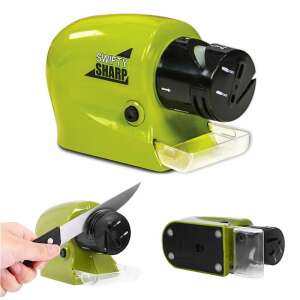 Swifty Sharp electric knife and scissor sharpener, green, with knife sharpening and bottom view - Knife Sharpener