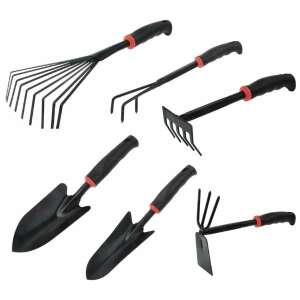 6 piece garden tool set with black handles and stainless steel construction - Planting Tool