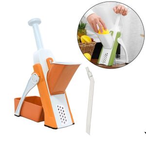 Praktikus fruit and vegetable slicer in use, handheld mandoline for kitchen - Flat file