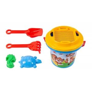 Vidám Állatos Homokozó Készlet: beach bucket with dog and cat design, shovel, rake, seahorse and turtle sand molds - Sandbox Toy