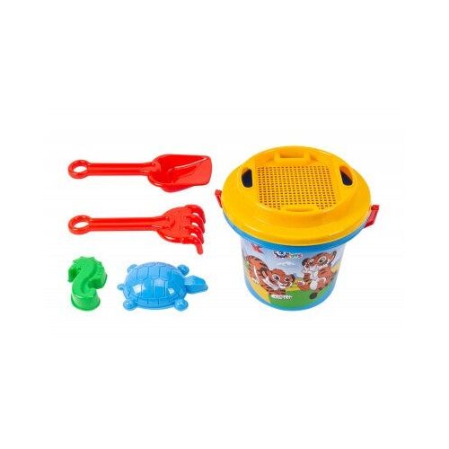 Vidám Állatos Homokozó Készlet: beach bucket with dog and cat design, shovel, rake, seahorse and turtle sand molds