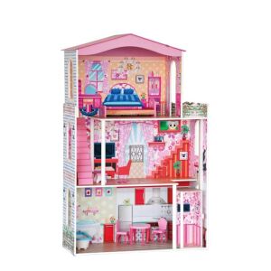 Divendi 3-story pink wooden dollhouse interior view - Dollhouse